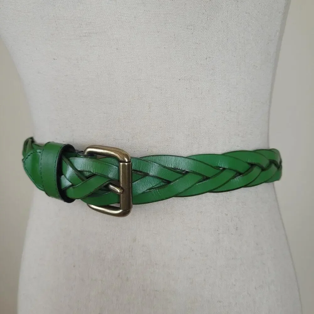 Green Leather Belt Women Medium Braided Woven Boho Minimalist Preppy Cottagecore